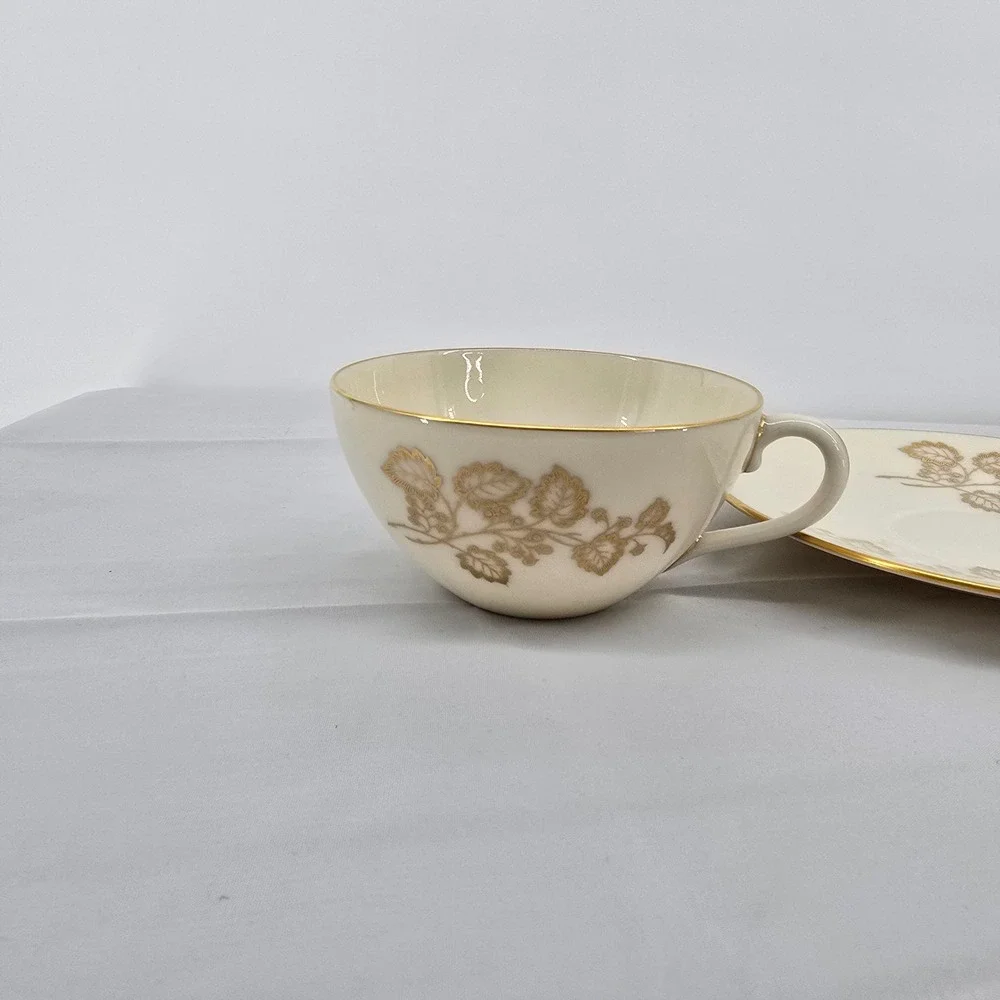 Lenox Celeste‎ T-426 Tea Cup and Saucer Set of 6 Ivory Gold Leaf Bone China USA
